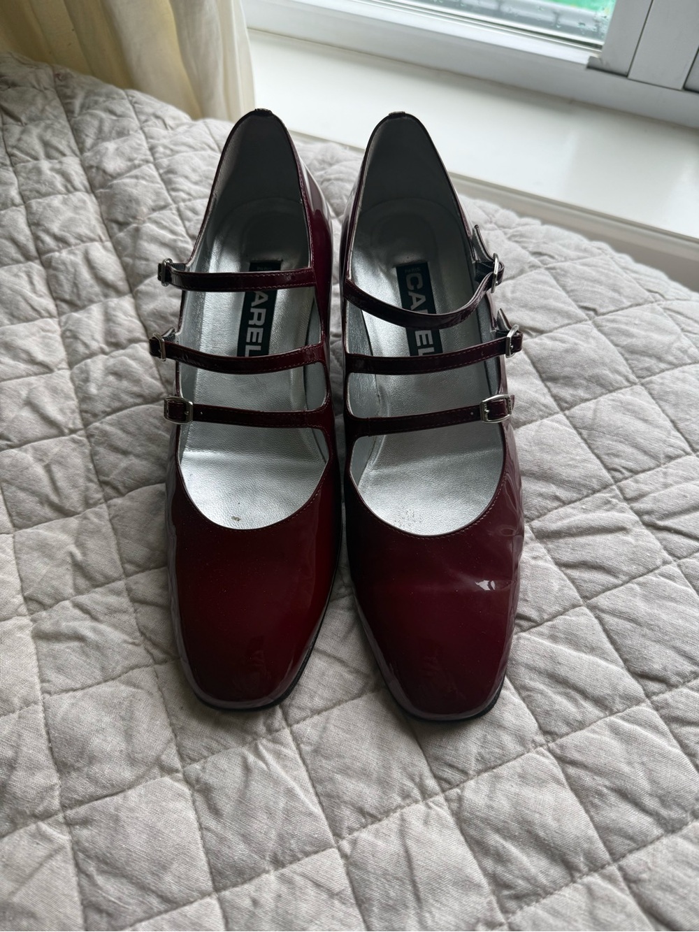 Patent Triple-Strap Mary Jane Heels in Burgundy
